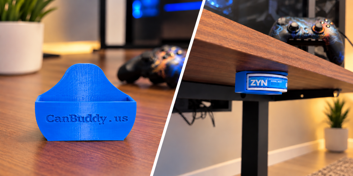 Blue CanBuddy on a wooden desk and holding a ZYN can underneath it