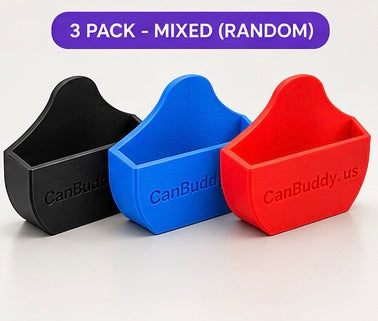 Three CanBuddy can holders in black, blue and red