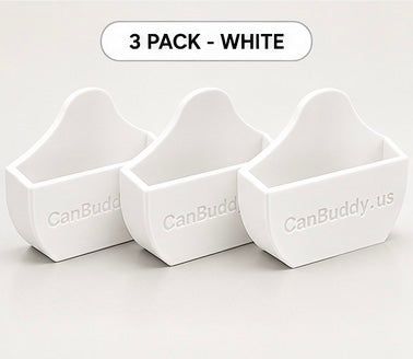 Three white CanBuddy can holders