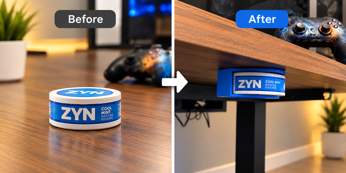 ZYN can on a wooden desk and secured underneath in a blue CanBuddy