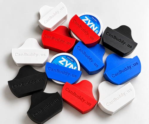 Black, white, red and blue CanBuddy holders, two holding ZYN cans