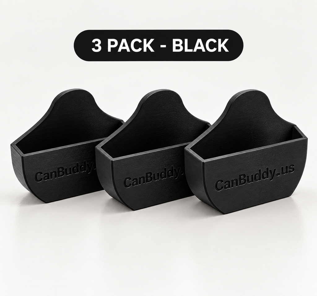 Three black CanBuddy can holders